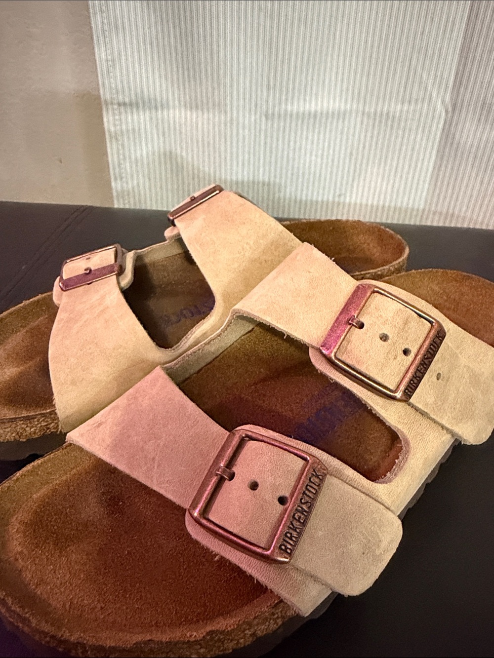 Birkenstock Arizona Suede Double Strap Sandals Light Beige w/ bronze Buckles new